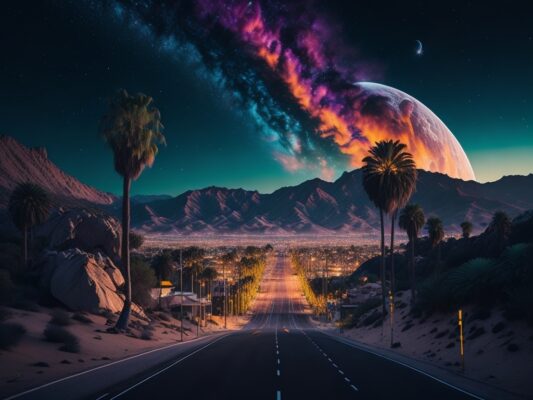 Road leading towards a cosmic Hollywood landscape with Star Maps