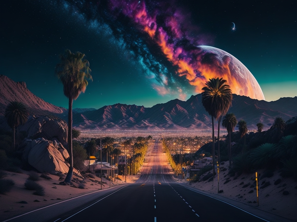 Road leading towards a cosmic Hollywood landscape with Star Maps