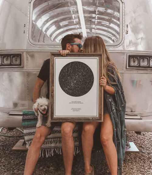 Couple Holding a Star Map while they sit