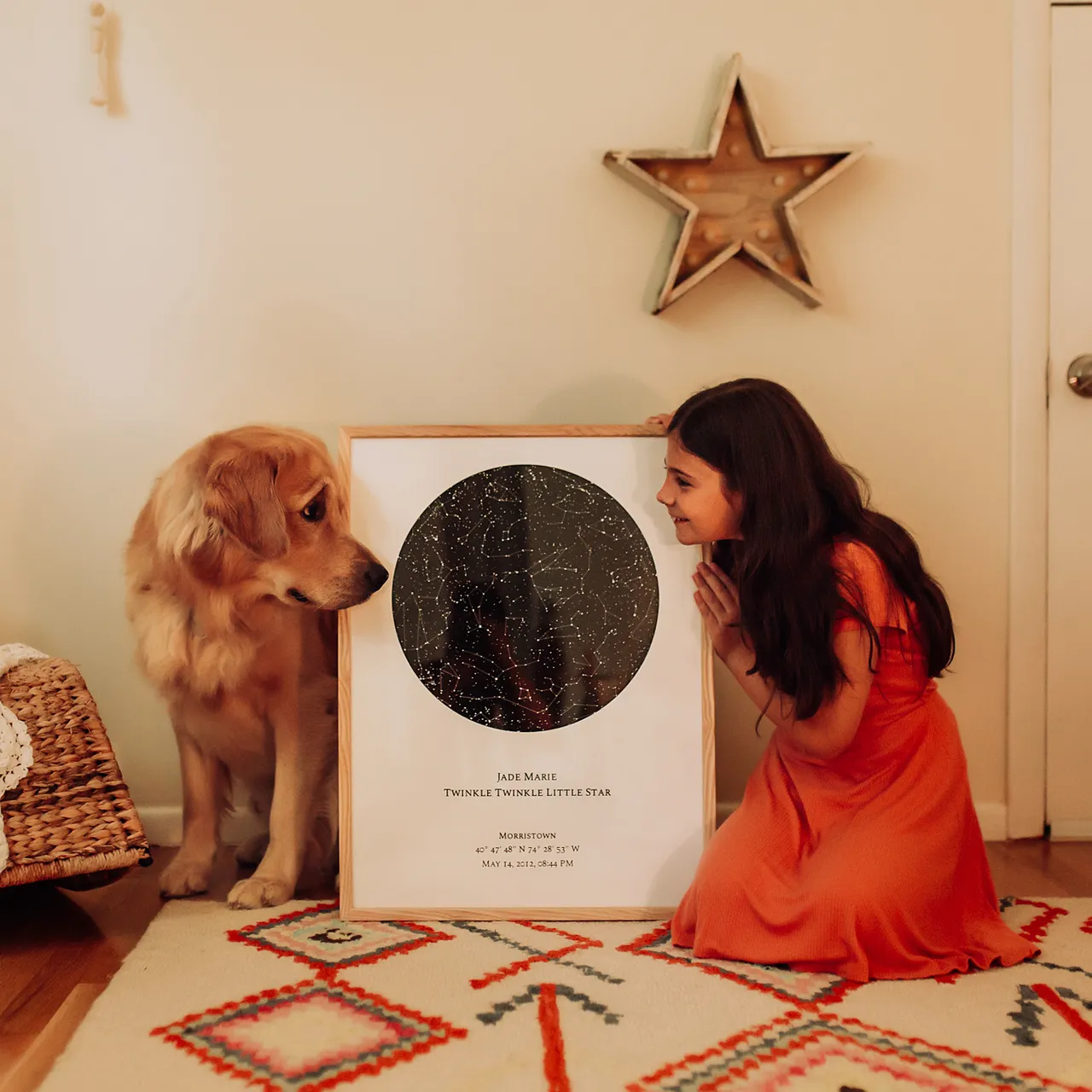Dog and a littler Girl with Star Map in the middle