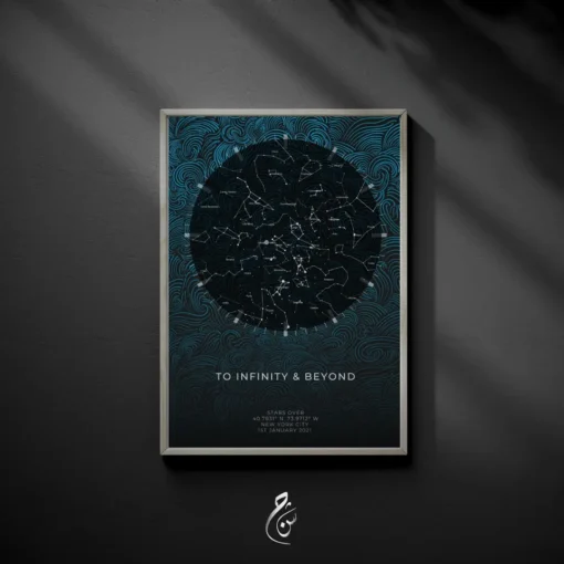 Teal Swirl Star Map Hanging on a Wall